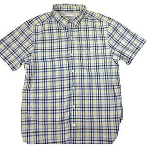 Columbia Plaid Cotton SS Button Pocket Shirt Yellow Blue Outdoor Preppy SMALL